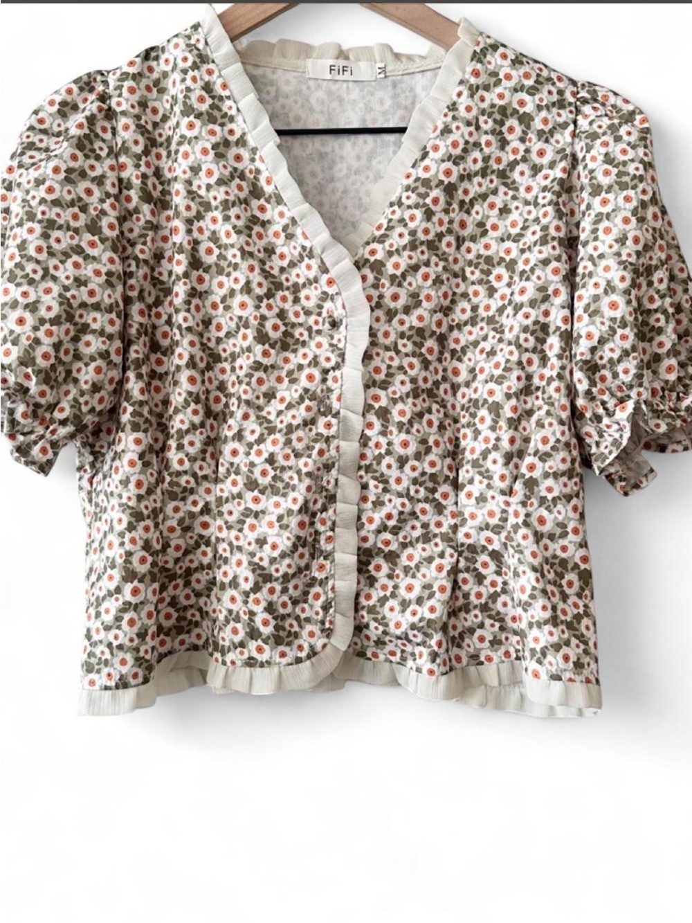 Cottage Core Cream Floral  Ruffle-Trim Puff Sleeve Blouse